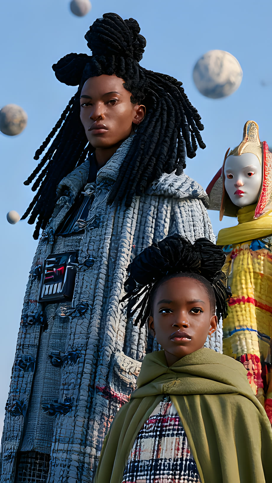 AI fashion editorial — figures in textured couture under floating planets